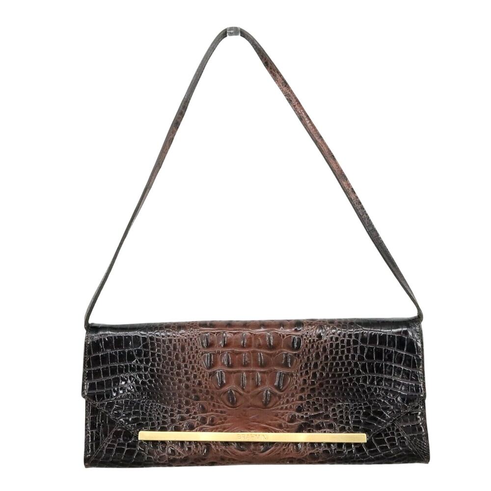 Brahmin Bag Womens Brown Leather Alligator Embossed Clutch Handbag Strap Pecan